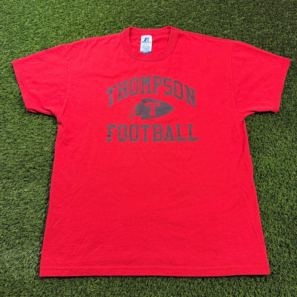 Vintage Russell Athletic Thompson Football T-Shirt Red Graphic Tee Mens Medium